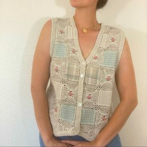 Vintage Crochet Floral Rose Plaid Cottagecore Vest